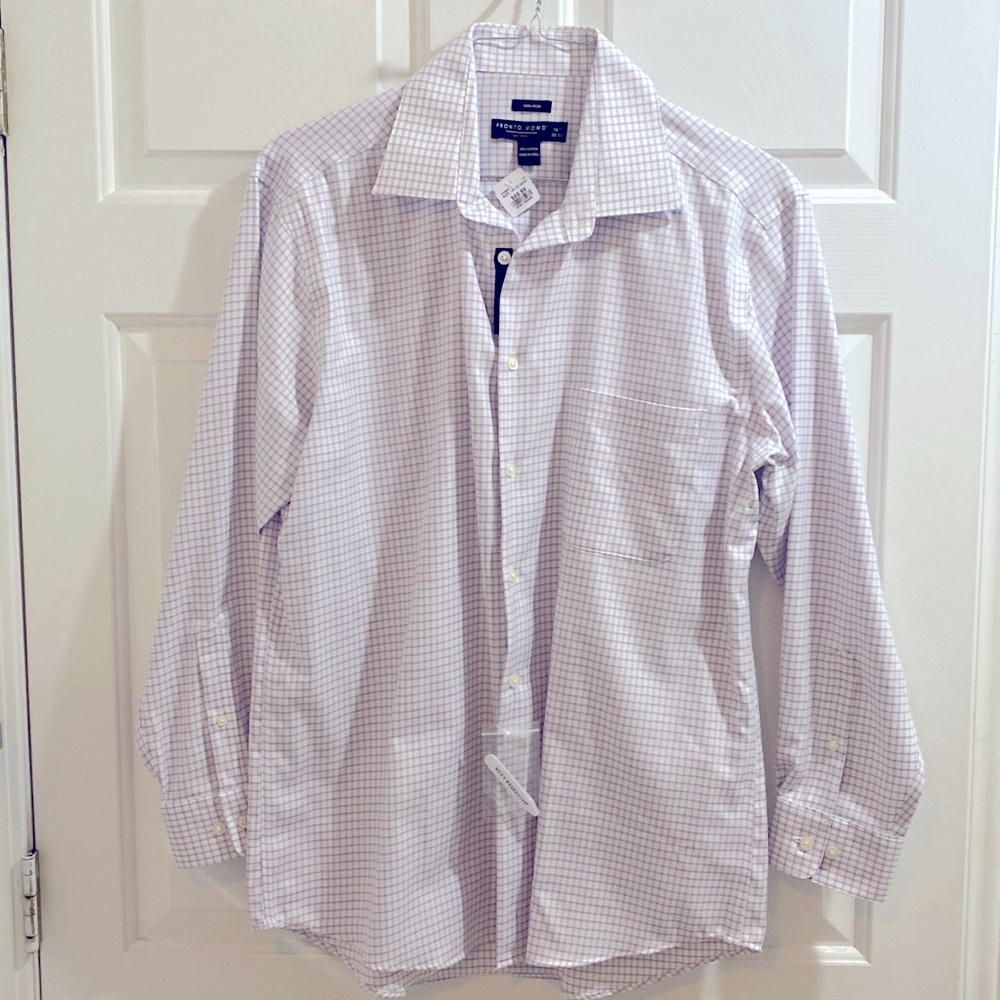 NWT 16 1/2 Pronto Uomo Men’s wearhouse purple and white shirt